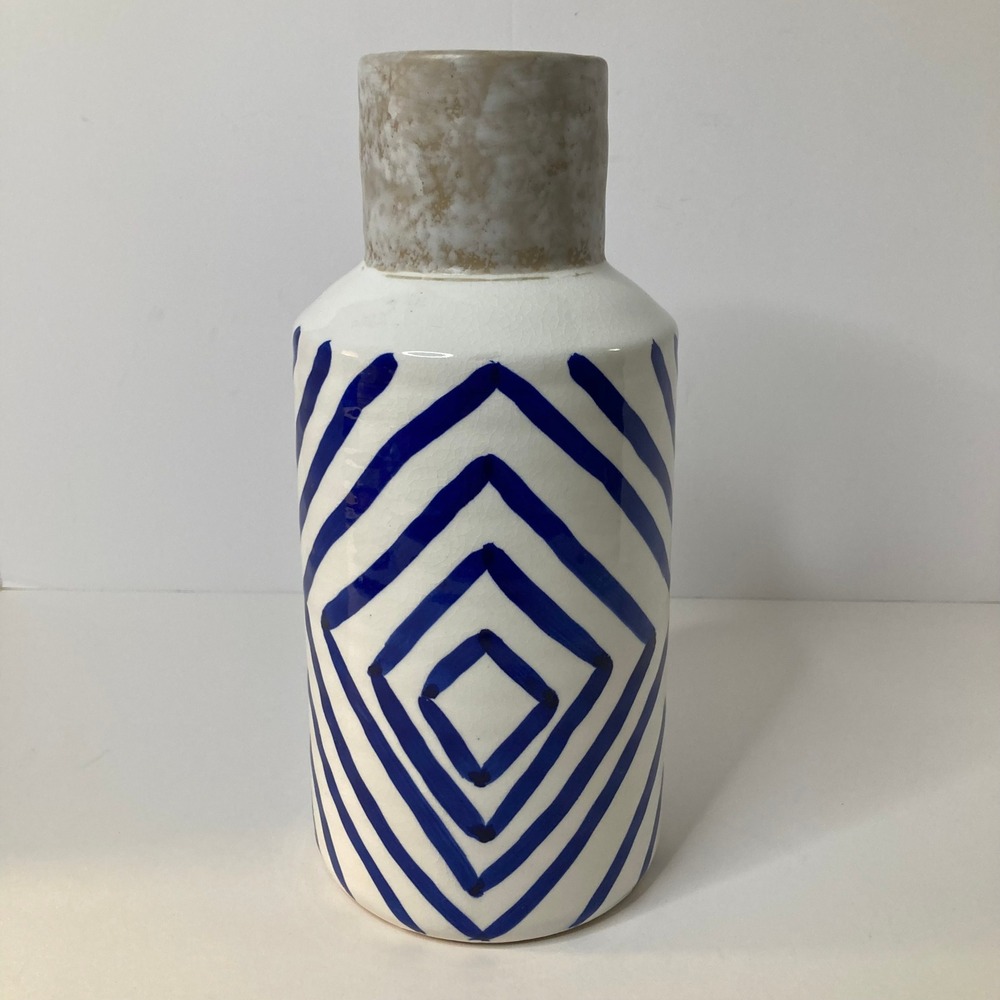 Pier 1 Imports Blue White Geometric Pattern Ceramic Vase Tabletop Decor 10"